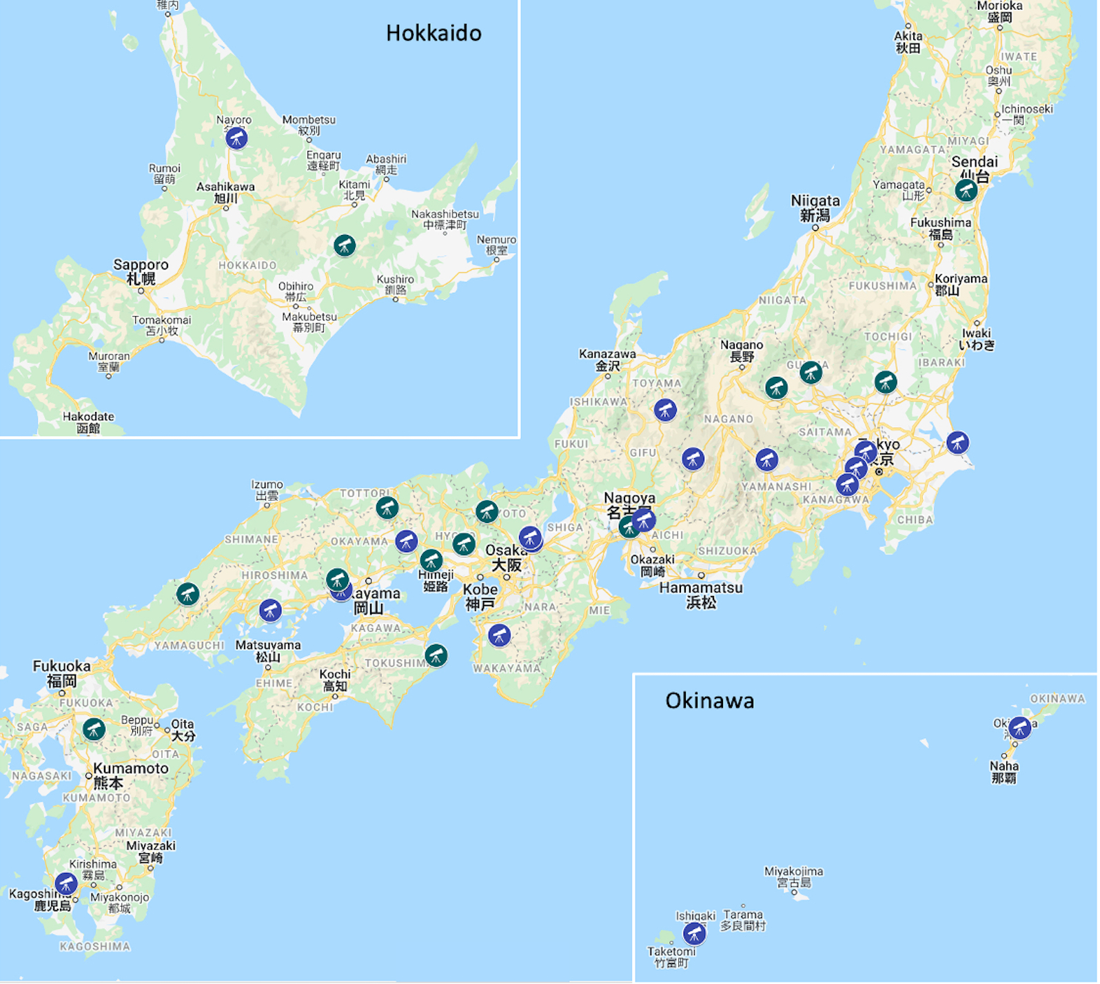 英語版_日本の光学赤外線望遠鏡の地図